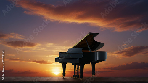 Grand piano on sunset sky background.generative.ai 