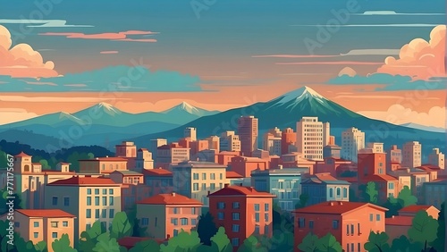 tall buildings in a city in the afternoon.mountain background.