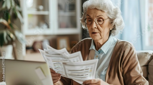 Senior woman banking with receipts on laptop photo