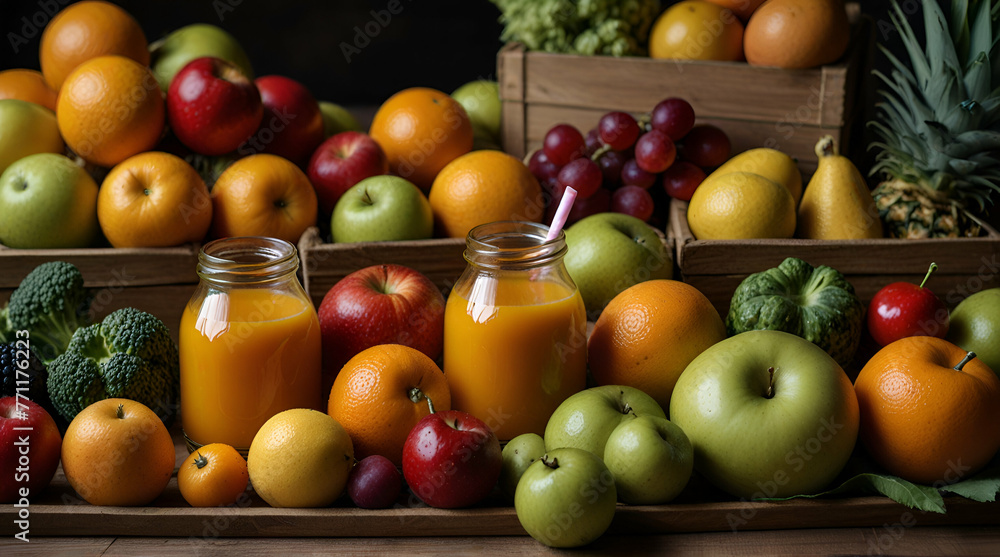 Assortment of fresh fruits and vegetables juices in rainbow colors.generative.ai Assortment of fresh fruits and vegetables juices in rainbow colors.generative.ai