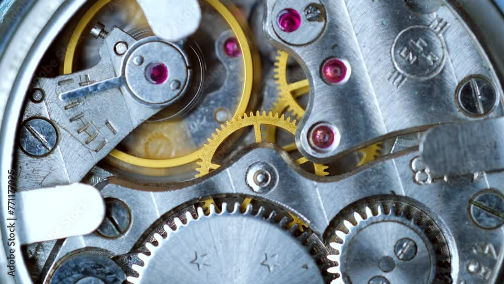 macro clockwork mechanism of an old Watch disassembled with cogwheels running slowly on silver steel hands gear movement working close up detail antique Pocket watch, Clock, Analog, Vintage,Mechanical macro clockwork mechanism of an old Watch disassembled with cogwheels running slowly on silver steel hands gear movement working close up detail antique Pocket watch, Clock, Analog, Vintage,Mechanical
