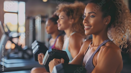 Women friends working out with dumbbells in gym photo