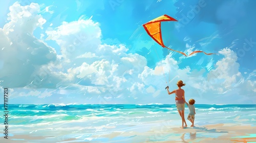 Mother and son playing with kite on sunny beach