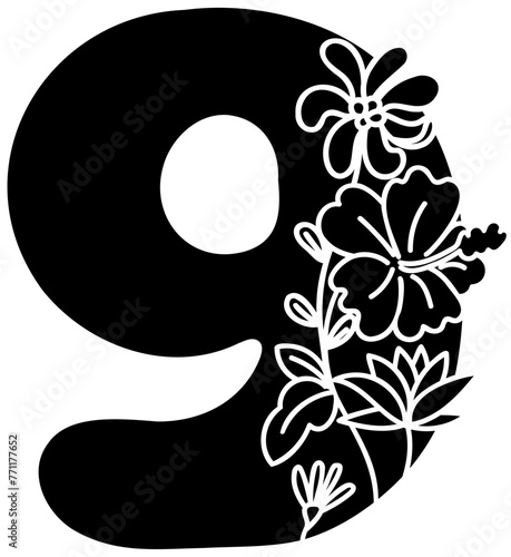 number fill alphabet letter handwritten font with flower decorative blossom nature 9