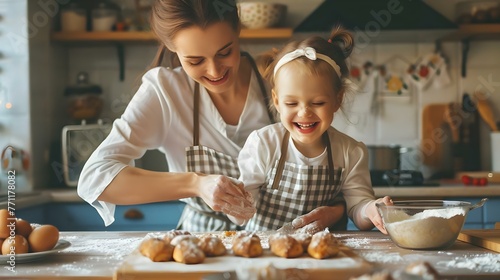 Happy mother and daughter baking in kitchen photo
