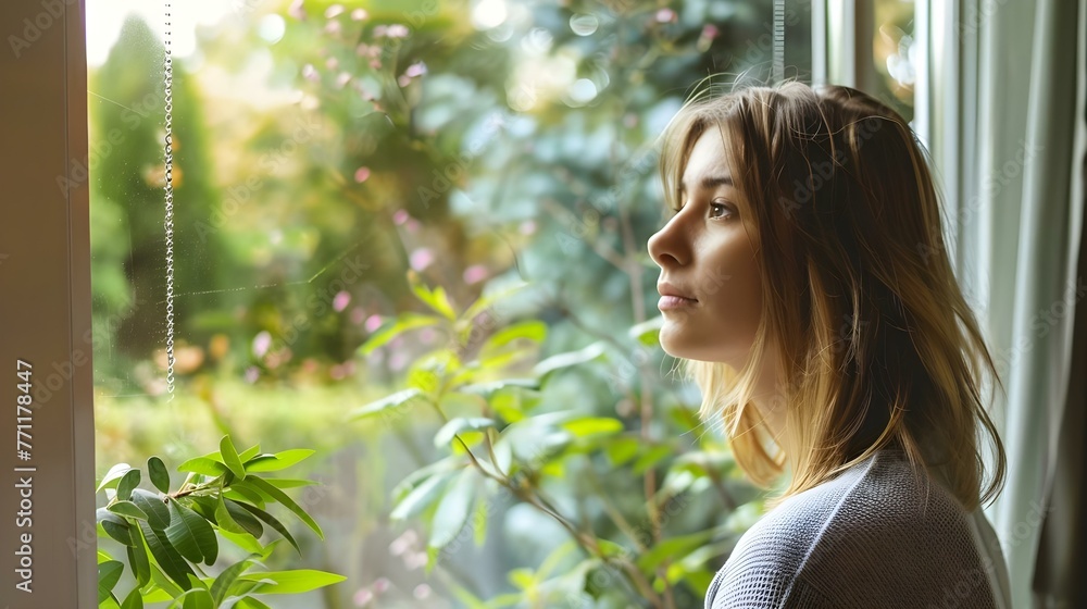 Thoughtful young woman looking at trees from window Thoughtful young woman looking at trees from window