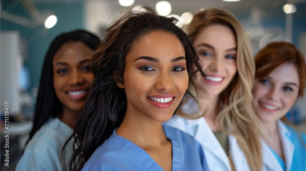 A team of dentists, a group of young women, many standing and smiling in the dental clinic, working atmosphere.