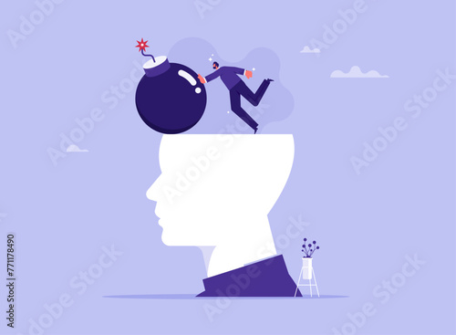 Reduce or remove stress concept, businessman pushing stress metaphor bomb down from human head