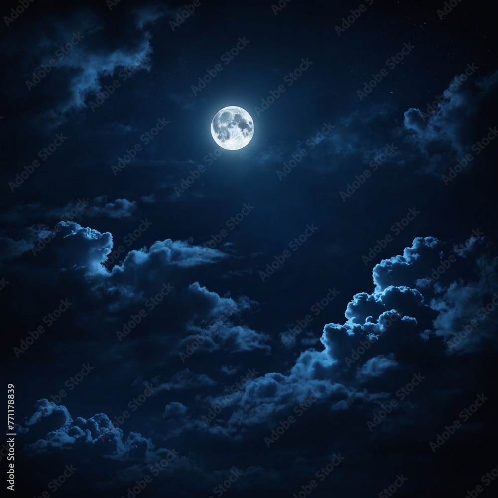 Dark blue abstract background. Night sky with clouds and moonlight. Navy blue sky background with copy space for design v2