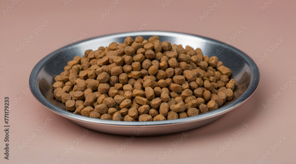 High quality photo of dry pet food on a metal plate for cats and dogs isolated pastel background.generative.ai High quality photo of dry pet food on a metal plate for cats and dogs isolated pastel background.generative.ai