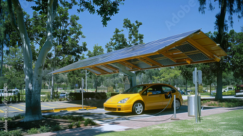 a car charging station with solar panels. the car is refueled at the power station with photovoltaic panels on the roof. Autonomous provision of electricity to gas station using solar energy. 