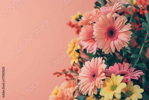 pink background with colorful flowers on top in the sty 49c1719e-f6f5-49bd-aa6a-80881f895eba photo