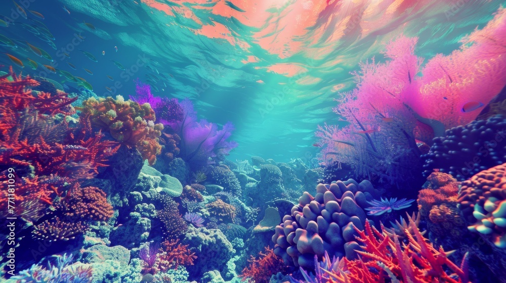 Naklejka premium Surreal underwater scene, coral reefs in psychedelic colors