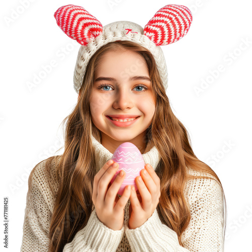 jovem com orelhas de coelhinho da Páscoa e segurando o ovo de Páscoa photo