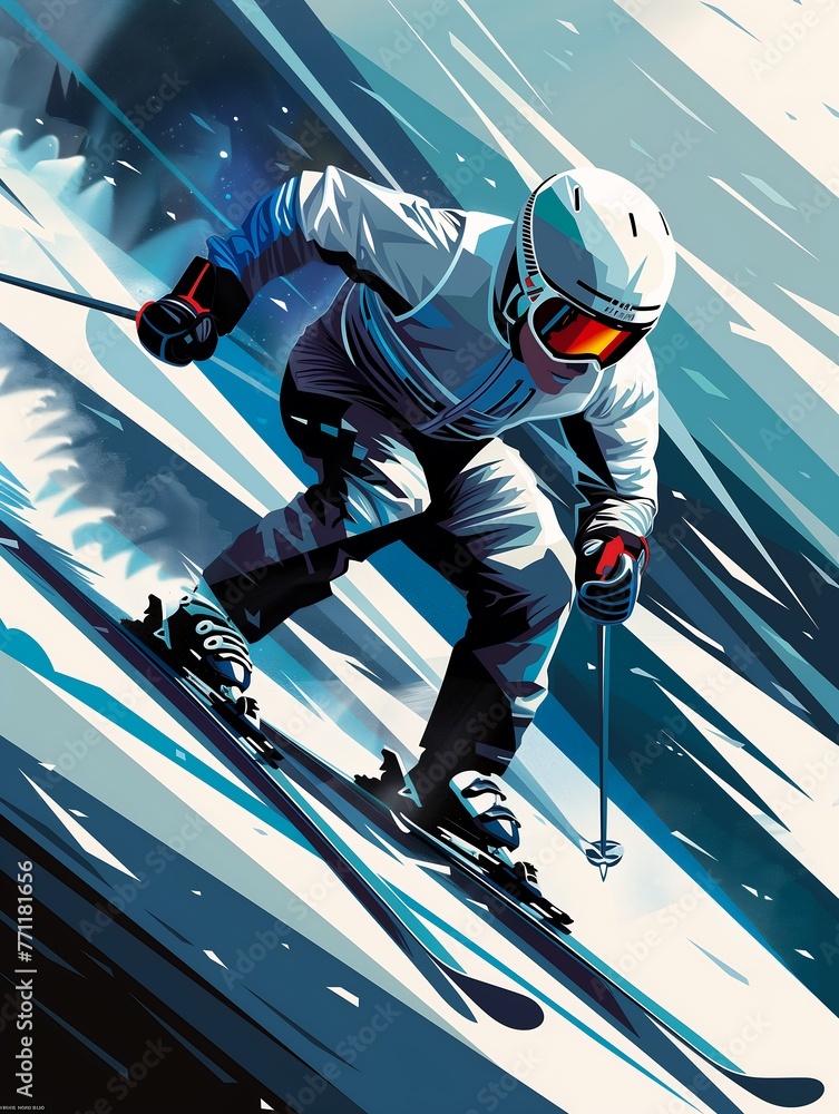 skier white blue outfit skiing down slope portrait flat color young silver garment billboard
