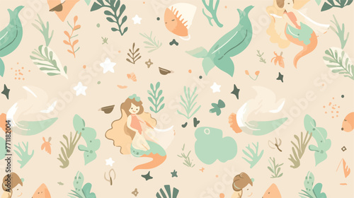 Seamless pattern with mermaid on beige background.