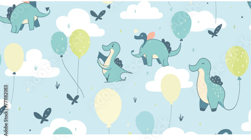 Seamless pattern with newborn dinosaur and balloons