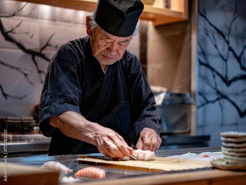 Master sushi chefs at work their hands crafting delicate rolls with precision and artistry