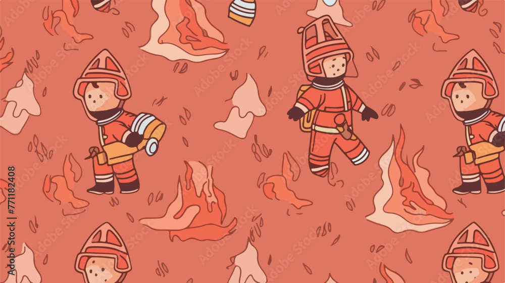 Seamless pattern with outline firefighter on red ba