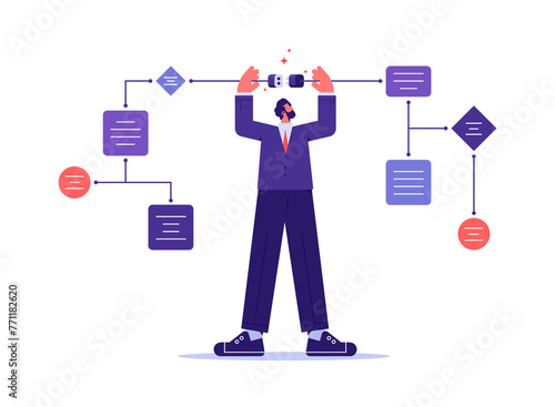Analyst with structural thinking, finding connections, building flowchart scheme, system, logic and structure in business analysis concept