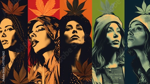 Woman in various poses, a colorful backdrop and  hemp leave behind her. photo