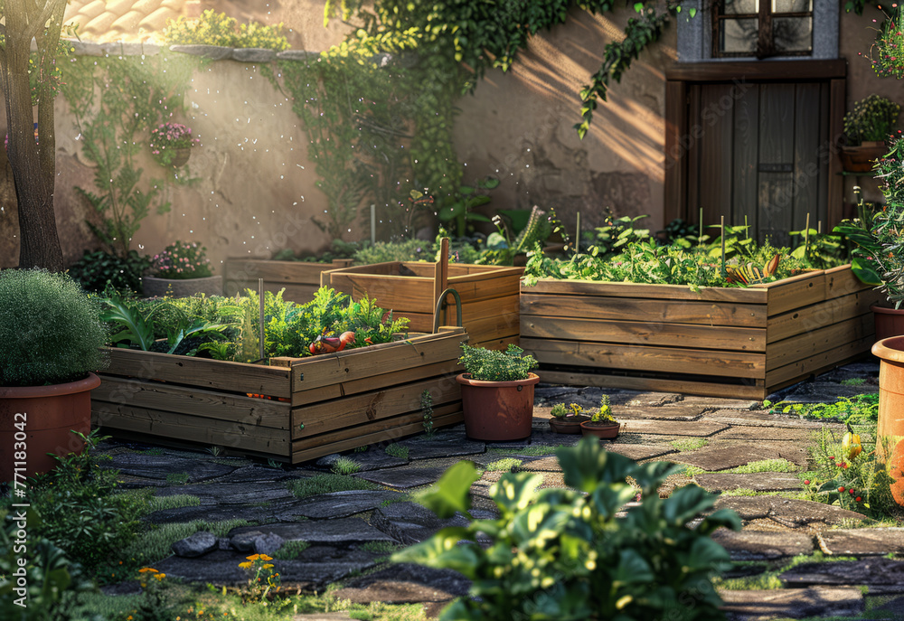 Sunlit Raised Garden Beds with Lush Greenery in Backyard Sunlit Raised Garden Beds with Lush Greenery in Backyard