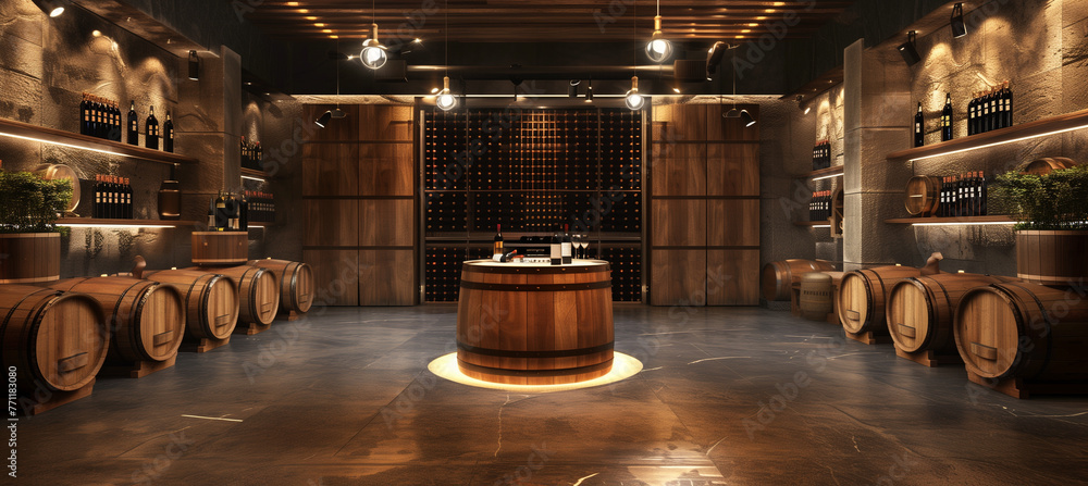 Obraz premium Modern wine cellar with wooden barrels in winery industry environment