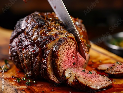 Slicing into a perfect roast beef the knife revealing the tender photo