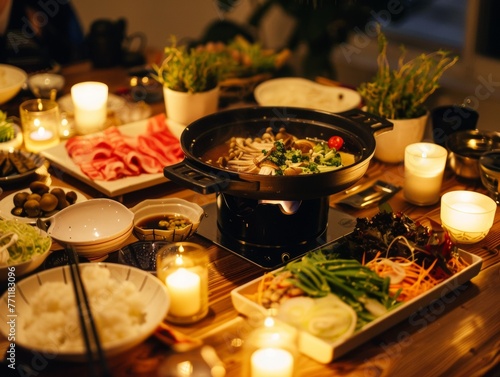 Sukiyaki in the soft glow of candlelight photo