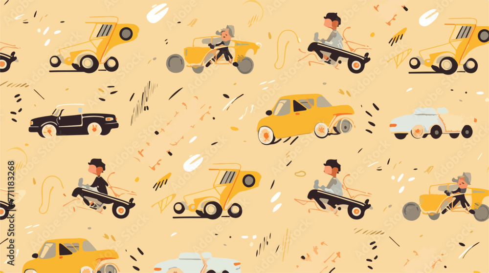 Seamless pattern with racer kid and race car on mus - obrazy, fototapety, plakaty 
