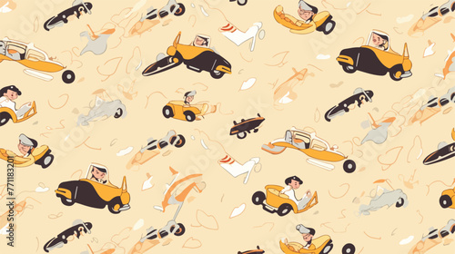 Seamless pattern with racer kid and race car on mus