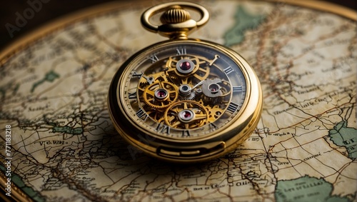 An antique pocket watch, its intricate golden gears visible through a crystal back, resting on an old map Generative AI