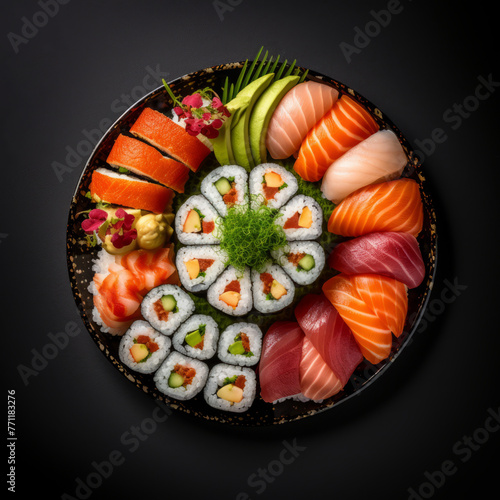 Assorted sushi rolls elegantly presented on a wooden serving board against a dark, textured background, showcasing a variety of fillings and toppings. 