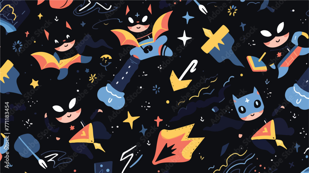 Seamless pattern with cute superhero and cat on a b