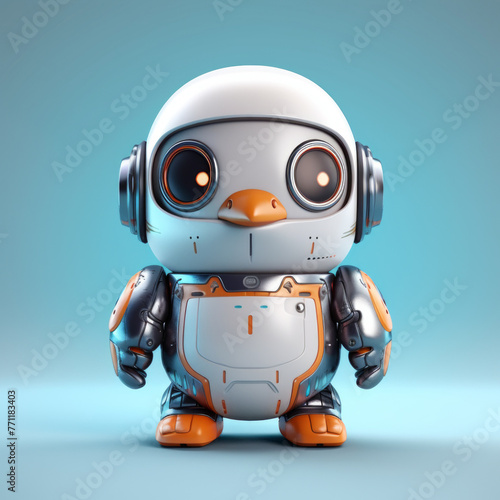 Adorable cartoon-styled robot penguin character with headphones on a blue background. The cute cybernetic creature has a futuristic design with detailed joints and metallic texture.
