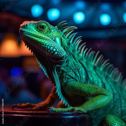 An iguana perches on a bar counter amid colorful lighting, creating a quirky and surreal atmosphere as it seems to gaze at the bottles in the background. 