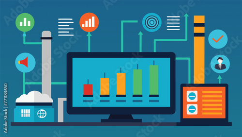 A series of digital readouts and graphs on a screen demonstrating the realtime energy consumption data of a factorys various production lines.