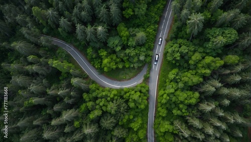Top-down view of a winding road through a lush, green forest during the rainy season Generative AI