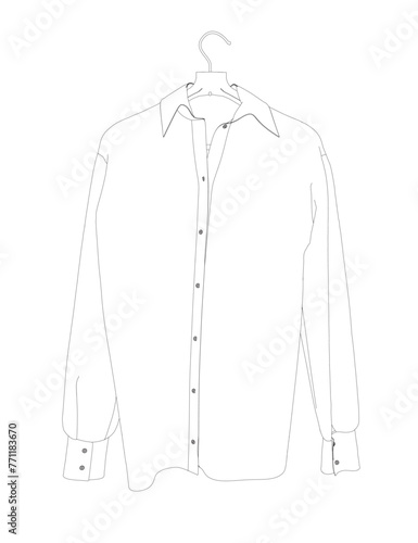 Contour shirt with button down collar isolated on white. Outline of a long sleeved shirt hanging on a hanger made of black lines isolated on a white background. Vector illustration.