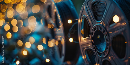 Close up a reels old cinema film reels with bokeh lights background photo