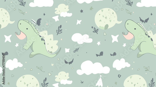 Seamless pattern with sleeping baby dinosaur cloud