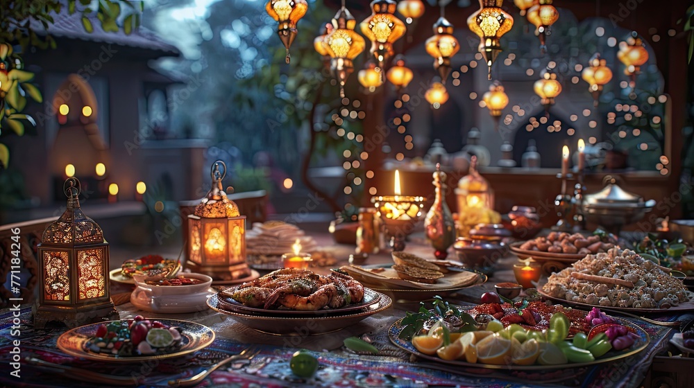 Ramadan Kareem ifter food and decoration on wooden table