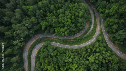 A bird's-eye perspective of a serpentine roadway nestled in a verdant forest, captured in the monsoon season Generative AI © Haroon