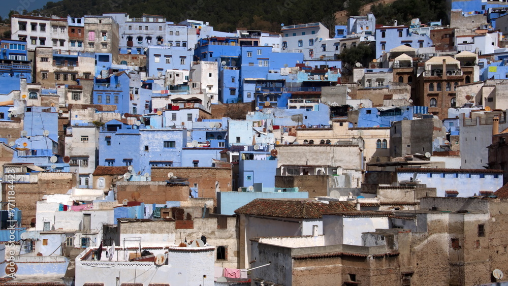 Blue and white houses in a hill in the medina, in Chefchaouen, Morocco
