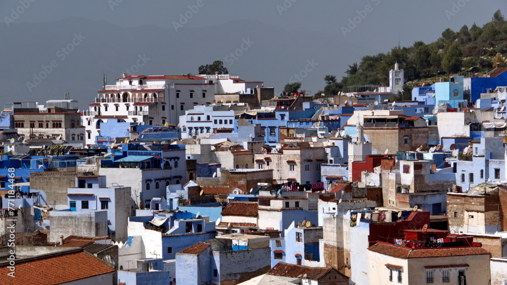 Blue and white houses in a hill in the medina, in Chefchaouen, Morocco