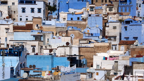 Blue and white houses in a hill in the medina, in Chefchaouen, Morocco © Angela