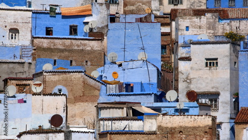 Blue and white houses in a hill in the medina, in Chefchaouen, Morocco © Angela