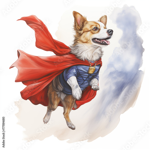dog wearing a superhero costume with a cape fluttering in the wind, high detailed, clean sharp focus, unique hyperrealistic illustrations , children book watercolor clipart