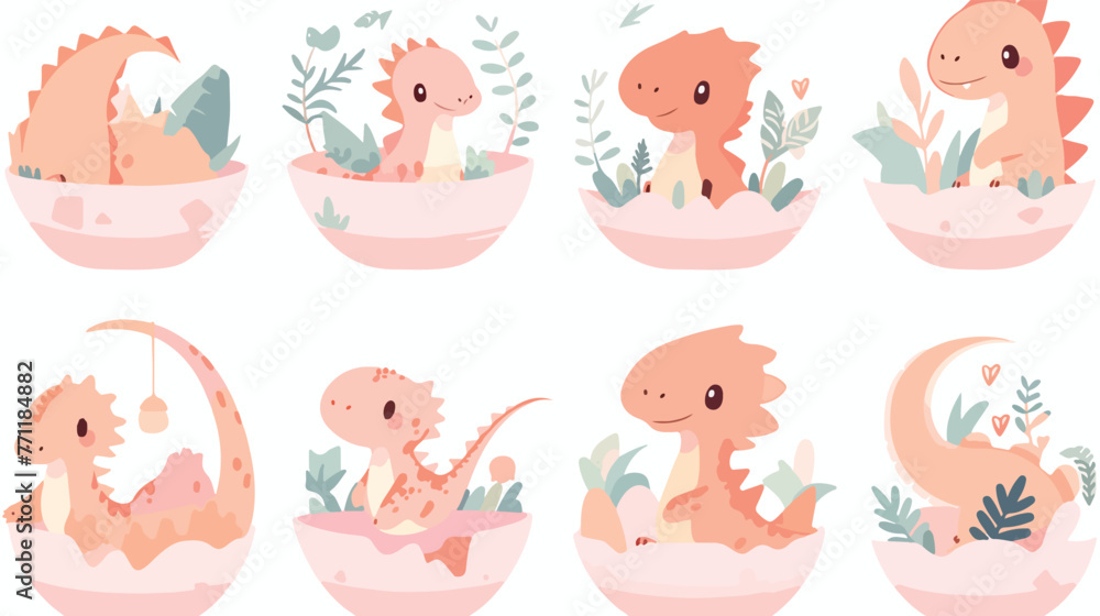 Set of newborn baby dinosaur in egg. Girl and boy b
