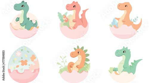 Set of newborn baby dinosaur in egg. Girl and boy b